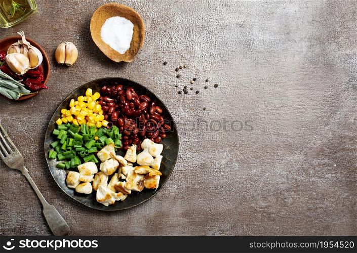 ingredients for chilli corn carne: bean, corn, other vegetables
