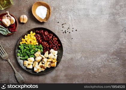 ingredients for chilli corn carne: bean, corn, other vegetables