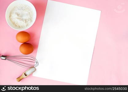 Ingredients for cooking baking - flour, egg, sugar, rolling pin on a pink background. Concept of cooking dessert.. Ingredients for cooking baking - flour, egg, sugar, rolling pin on pink background. Concept of cooking dessert.