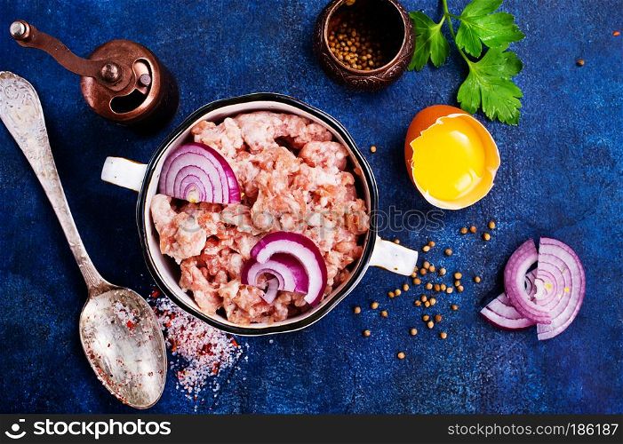 Ingredients for cooking cutlets, meatballs-minced beef meat