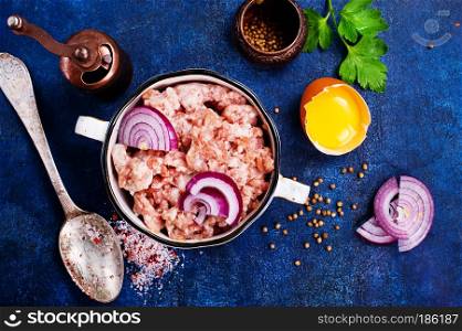 Ingredients for cooking cutlets, meatballs-minced beef meat