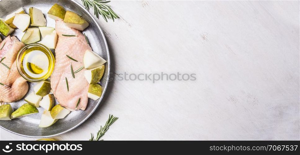 Ingredients for cooking duck breast with fruit, herbs and honey in a frying pan, border ,place for text