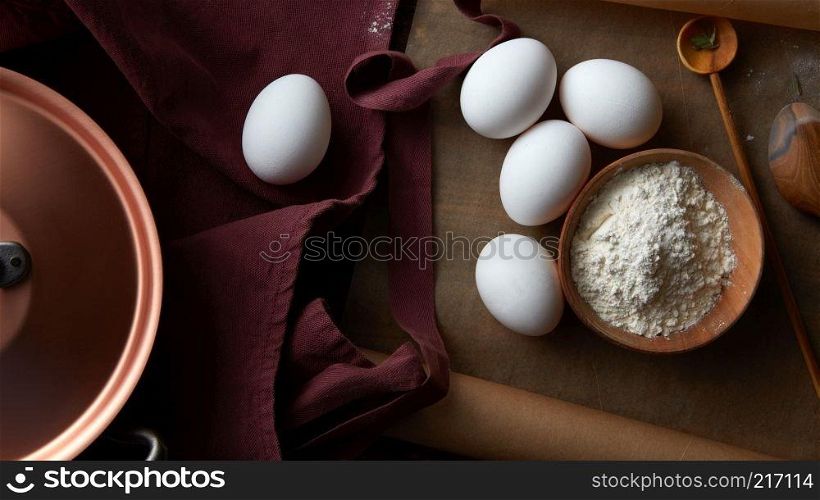 ingredients for cooking, eggs, flour from kitchen utensils, flat lay. ingredients for cooking,
