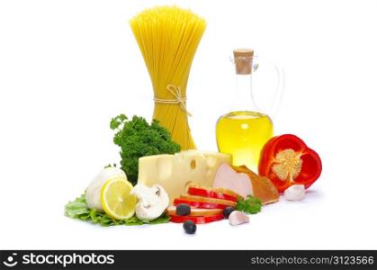 Ingredients for cooking italian pasta over white