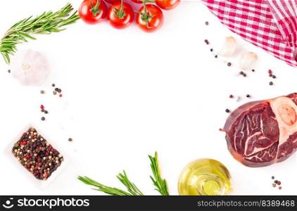 ingredients for cooking. raw beef steak with bone and spices, tomatoes, rosemary, garlic, olive oil isolated on a white background with copy space. Top view, flat lay, mockup with copy space. meat steak and cooking ingredients isolated on whtie background.