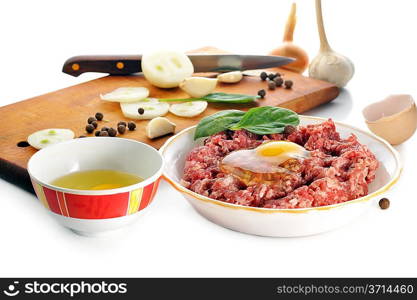 Ingredients for homemade cutlet, ground beef and eggs