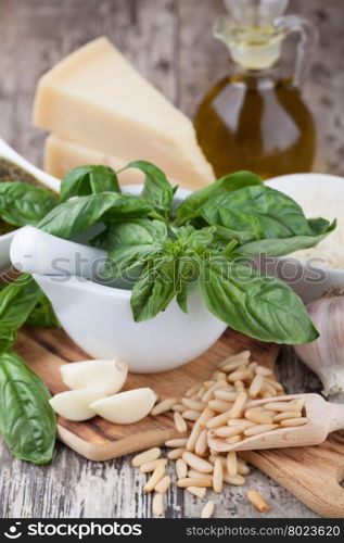 Ingredients for making pesto. Ingredients for making pesto sauce on the kitchen table