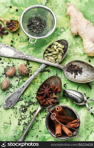 Ingredients for masala tea. ginger,cinnamon and spices for an invigorating for the masala tea