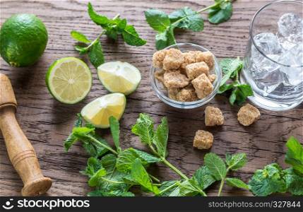 Ingredients for mojito on the wooden background