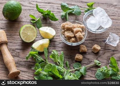 Ingredients for mojito on the wooden background