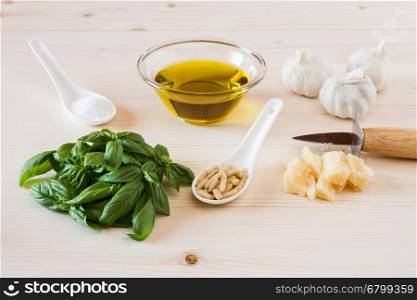 Ingredients for pesto genovese sauce on a table. Ingredients for pesto genovese sauce