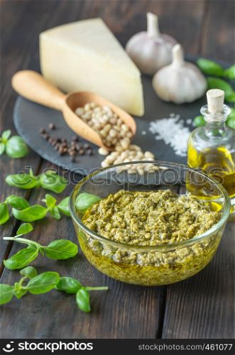 Ingredients for pesto on the black stone board