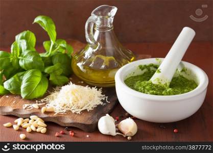ingredients for pesto sauce over wooden rustic background