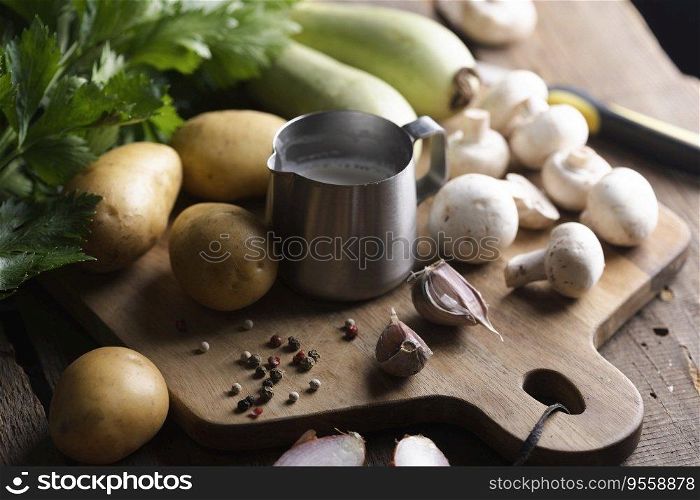 ingredients for soup on a wooden table - potatoes, cream, zucchini, onion, celery
