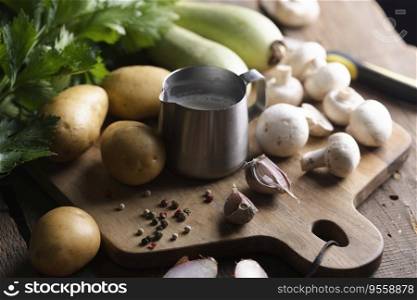 ingredients for soup on a wooden table - potatoes, cream, zucchini, onion, celery
