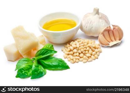 ingredients for traditional italian sauce pesto isolated on white background. top view. ingredients for traditional italian sauce pesto isolated on white background