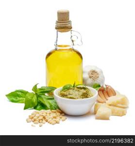 ingredients for traditional italian sauce pesto isolated on white background. top view. ingredients for traditional italian sauce pesto isolated on white background