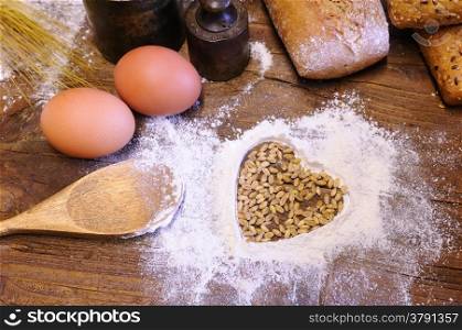 Ingredients of bakery on the kitchen table.