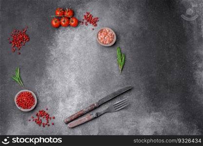 Ingredients, spices, salt, tomatoes, rosemary and cutlery knife and fork on a textured concrete background