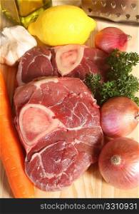 Ingredients used in making ossobuco (braised veal shank)