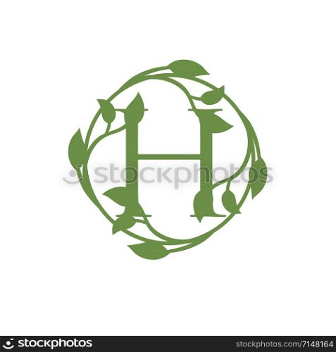 initial letter H with circle green leaf vector illustration