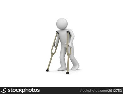 Injured man on crutches (3d isolated on white background characters series)