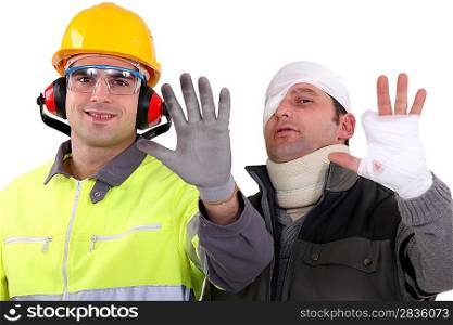 Injured tradesman comparing his hand to a healthy colleague