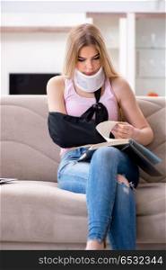 Injured woman student preparing to exams