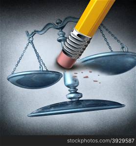 Injustice and discrimination as a legal system concept for breaking the law and performing unfair illegal acts as a pencil eraser erasing a justice scale as a metaphor for inequality and the stress of oppression.