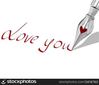 "Ink pen nib with heart writes "Love you" isolated on white background"