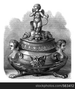 Inkwell of Ariosto preserves in Ferrara, vintage engraved illustration. Magasin Pittoresque 1869.