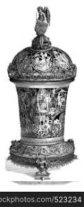 Inlaid Cup fifteenth century, Retained the British Museum in London, vintage engraved illustration. Magasin Pittoresque 1846.