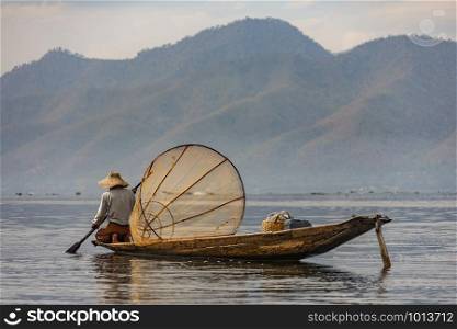 Inle Lake. Myanmar. 02.03.13. Fisherman at Inle Lake, Shan State, Myanmar.