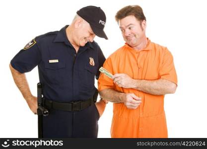 Inmate in orange jump suit offering a bribe to a police officer. Isolated on white.