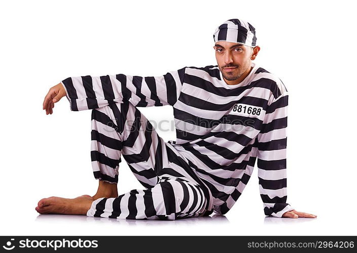 Inmate in stiped uniform on white