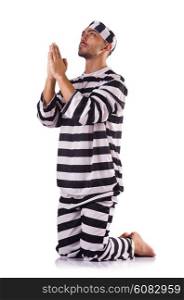 Inmate in stiped uniform on white