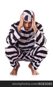 Inmate in stiped uniform on white