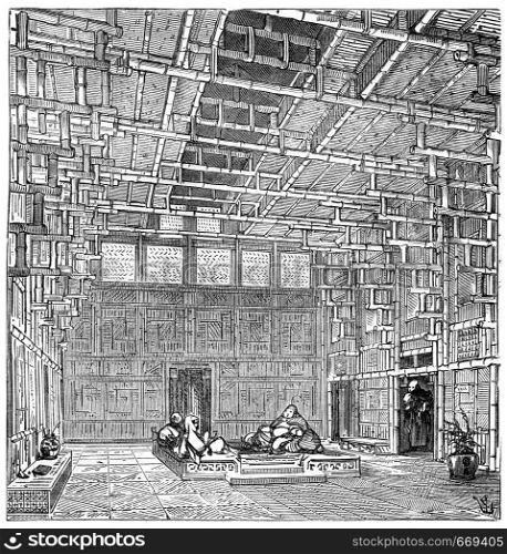 Inner chamber of a bamboo house, China, vintage engraved illustration. Industrial encyclopedia E.-O. Lami - 1875.