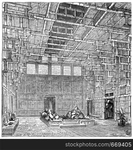 Inner chamber of a bamboo house, China, vintage engraved illustration. Industrial encyclopedia E.-O. Lami - 1875.