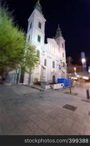 Inner City Parish Church in Pest at night, Budapest.