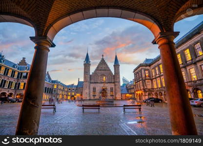 Inner courtyard of the Binnenhof palace in the Hague, Netherlands at night