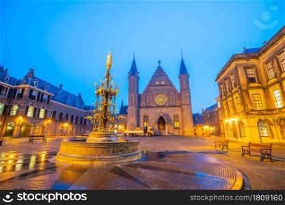 Inner courtyard of the Binnenhof palace in the Hague, Netherlands at night