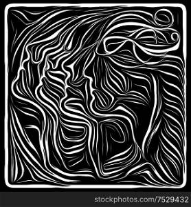 Inner Curves. Life Lines series. Backdrop of human profile and woodcut pattern to complement designs on the subject of human drama, poetry and inner symbols