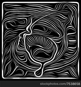 Inner Curves. Life Lines series. Interplay of human profile and woodcut pattern for human drama, poetry and inner symbols