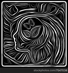 Inner Curves. Life Lines series. Interplay of human profile and woodcut pattern for human drama, poetry and inner symbols