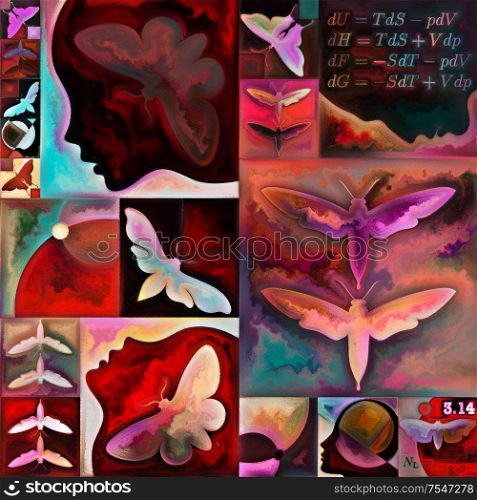 Inner Encryption series. Collage of abstract organic forms, math formulas, art textures and colors on subject of hidden meanings, sacred life, drama, poetry, mysticism and art.