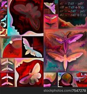 Inner Encryption series. Collage of abstract organic forms, math formulas, art textures and colors on subject of hidden meanings, sacred life, drama, poetry, mysticism and art.