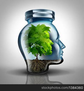 Inner growth psychology concept and personal development idea as a glass jar shaped as a human head with a tree inside representing mental health with 3D illustration elements.