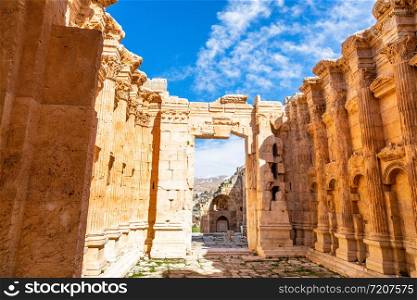 Inner hall of Ancient Roman temple of Bacchus with blue sky in the background, Bekaa Valley, Baalbek, Lebanon