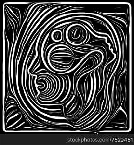 Inner Motion. Life Lines series. Abstract design made of human profile and woodcut pattern related to human drama, poetry and inner symbols